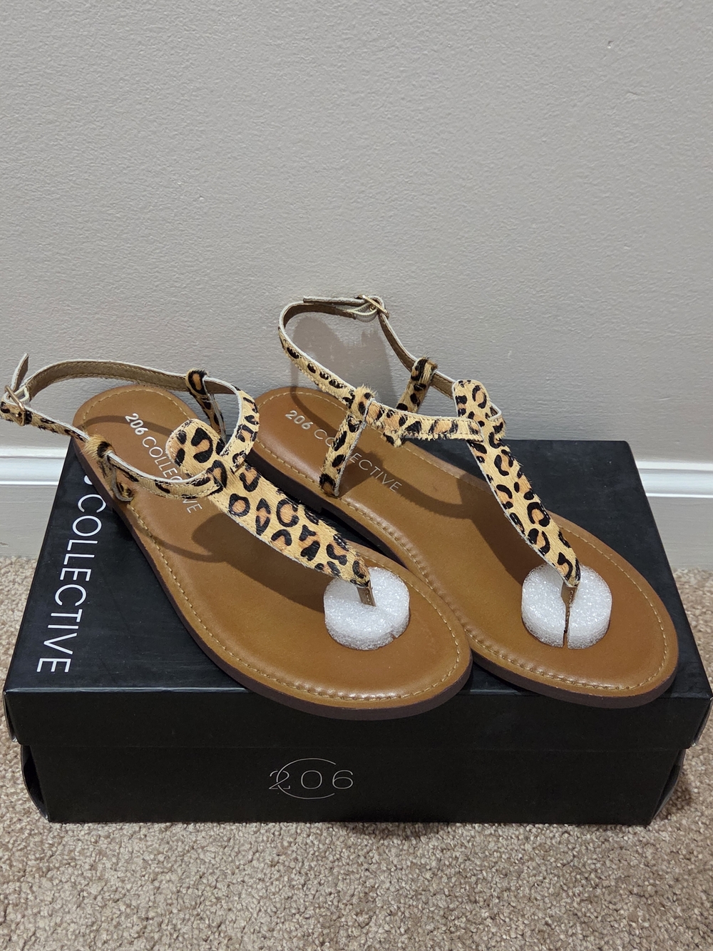 206 Collective Leopard T-Strap Sandals in Tan/Leopard